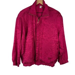 coAco Vintage Silk Bomber Jacket Women M Pink Vintage Floral Jacquard Full Zip